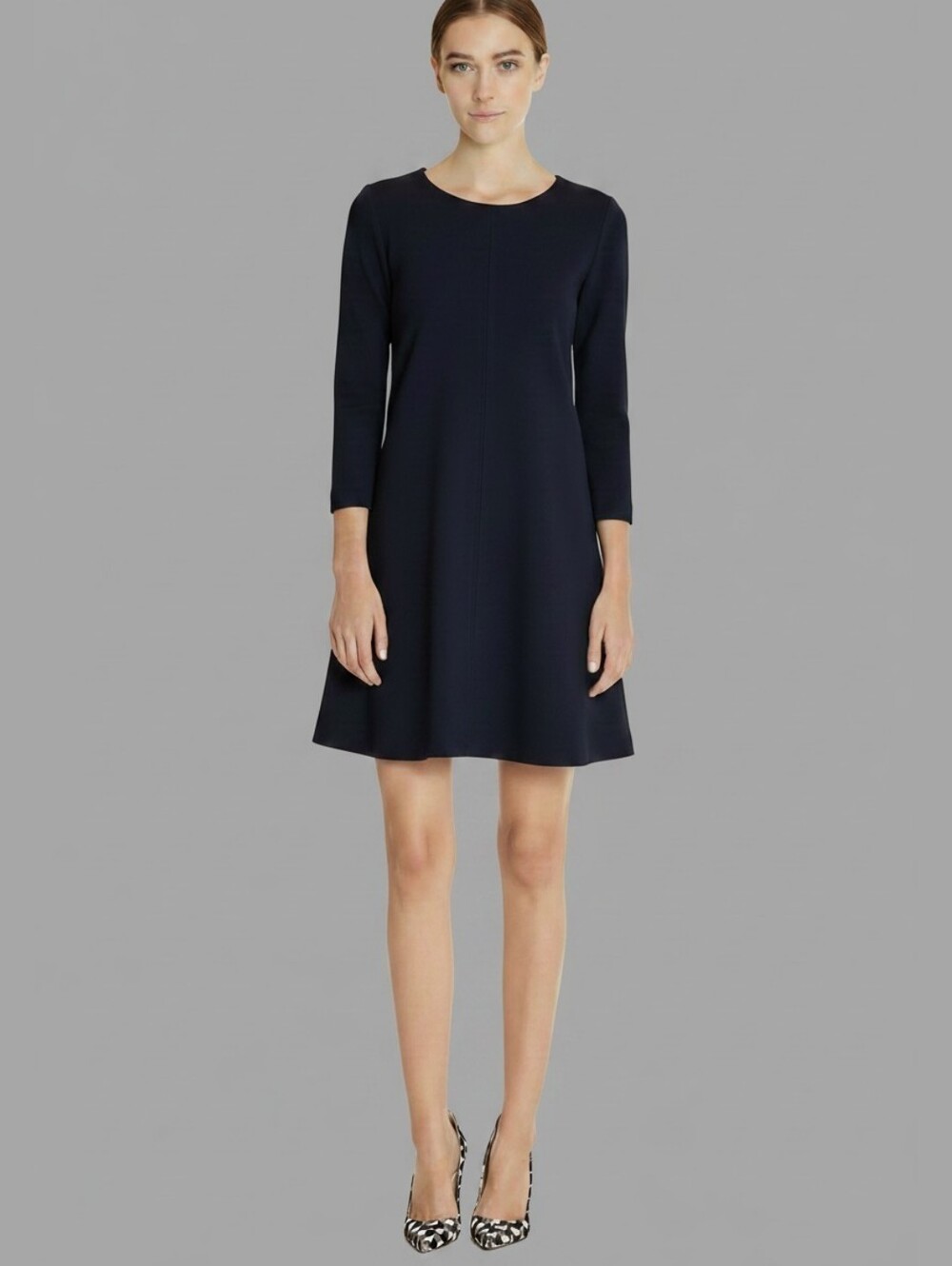 LISA PERRY Pure Wool Navy Blue Seamed Swing Dress 3/4 Sleeve Size 12